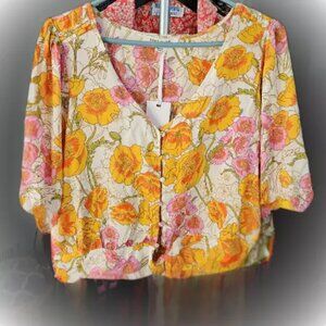 NWT Rose and Olive Floral Shirt L Pink Yellow Orange Women